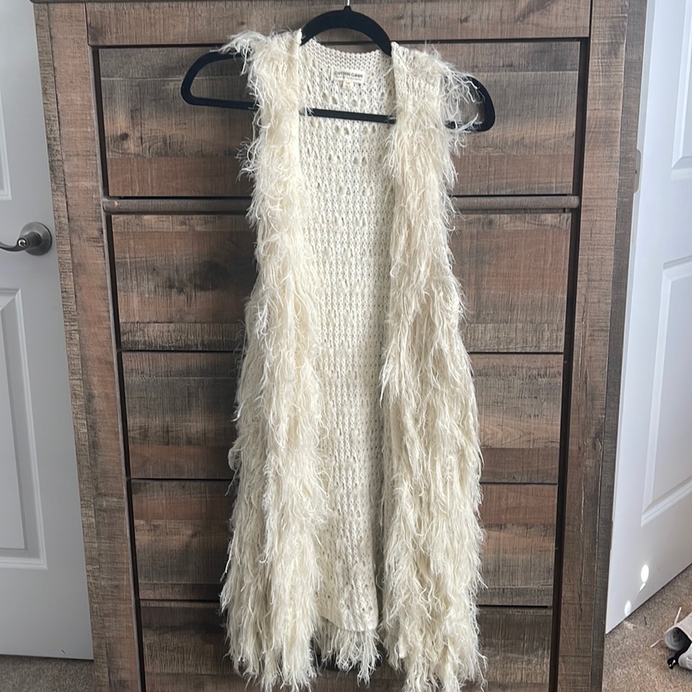 Ivory fringe fur long vest